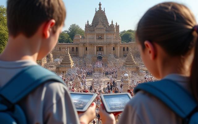 ARで歴史的建造物が現実空間に再現され、生徒たちがタブレットを通して見ている様子