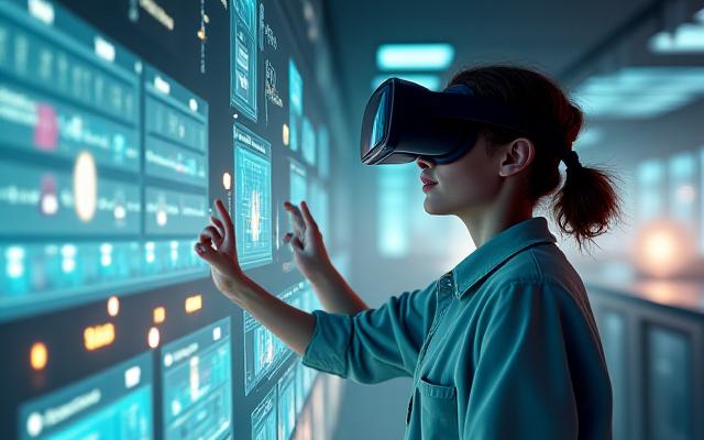 VRヘッドセットを装着した生徒がバーチャルラボで実験を行う様子